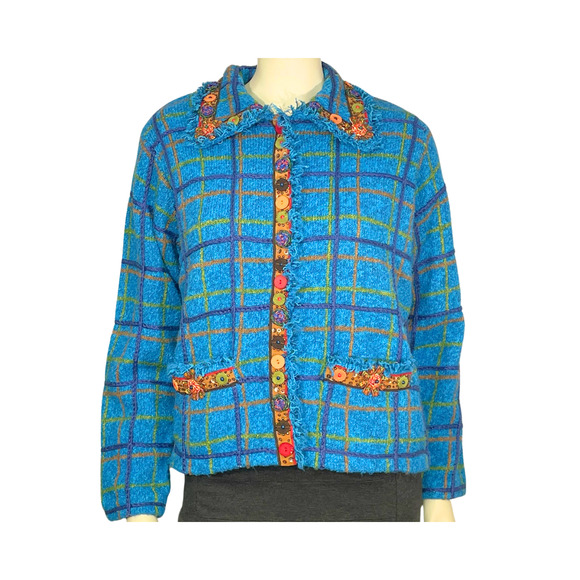 Design Options Sz M Button Up Cardigan Jacket Embellished Collar Blue Plaid Wool - Picture 1 of 10
